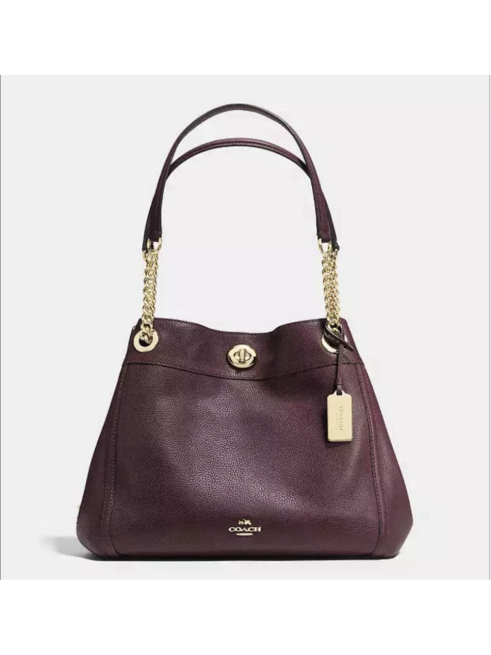 Coach Edie Burgundy Pebbled Leather Turnlock Chain Strap Shoulder Bag